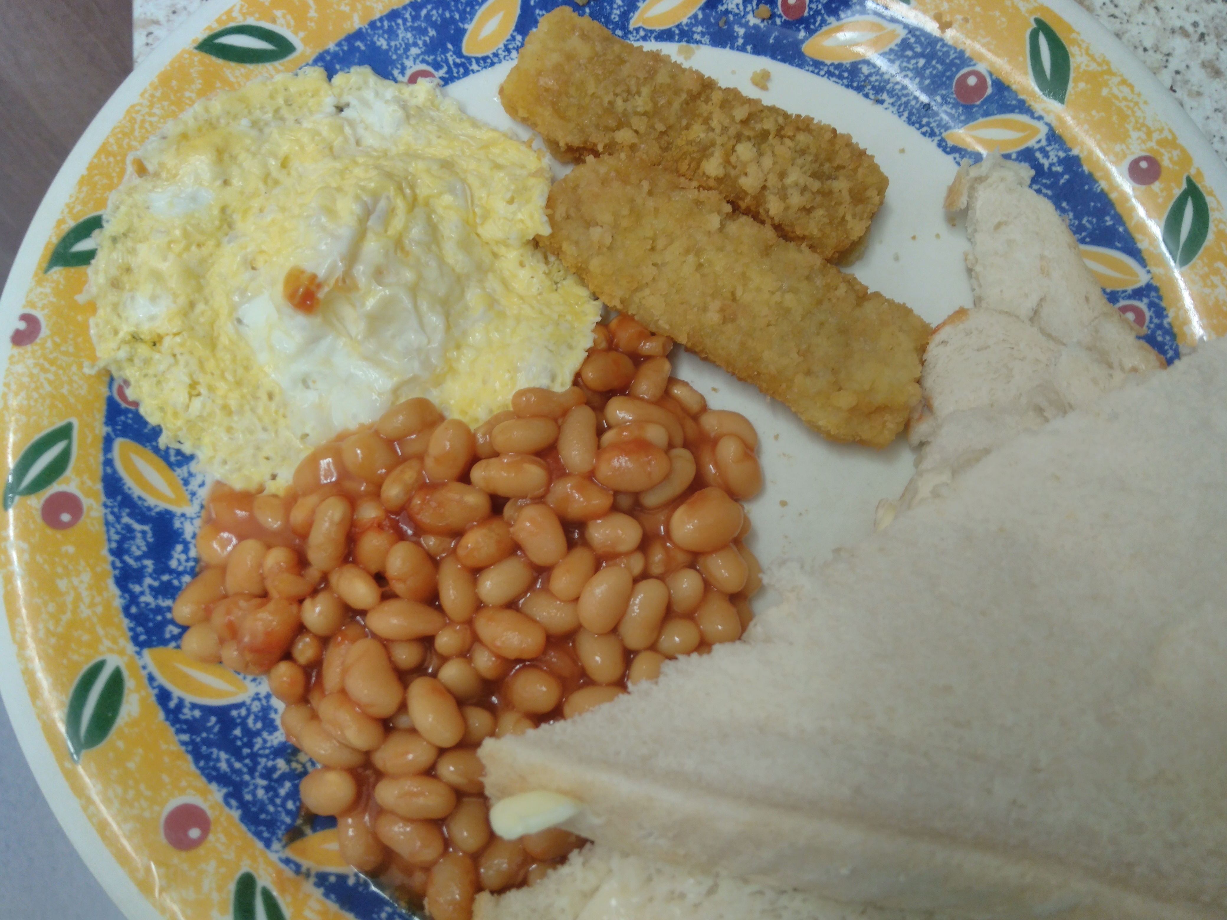beans, egg and fish fingers