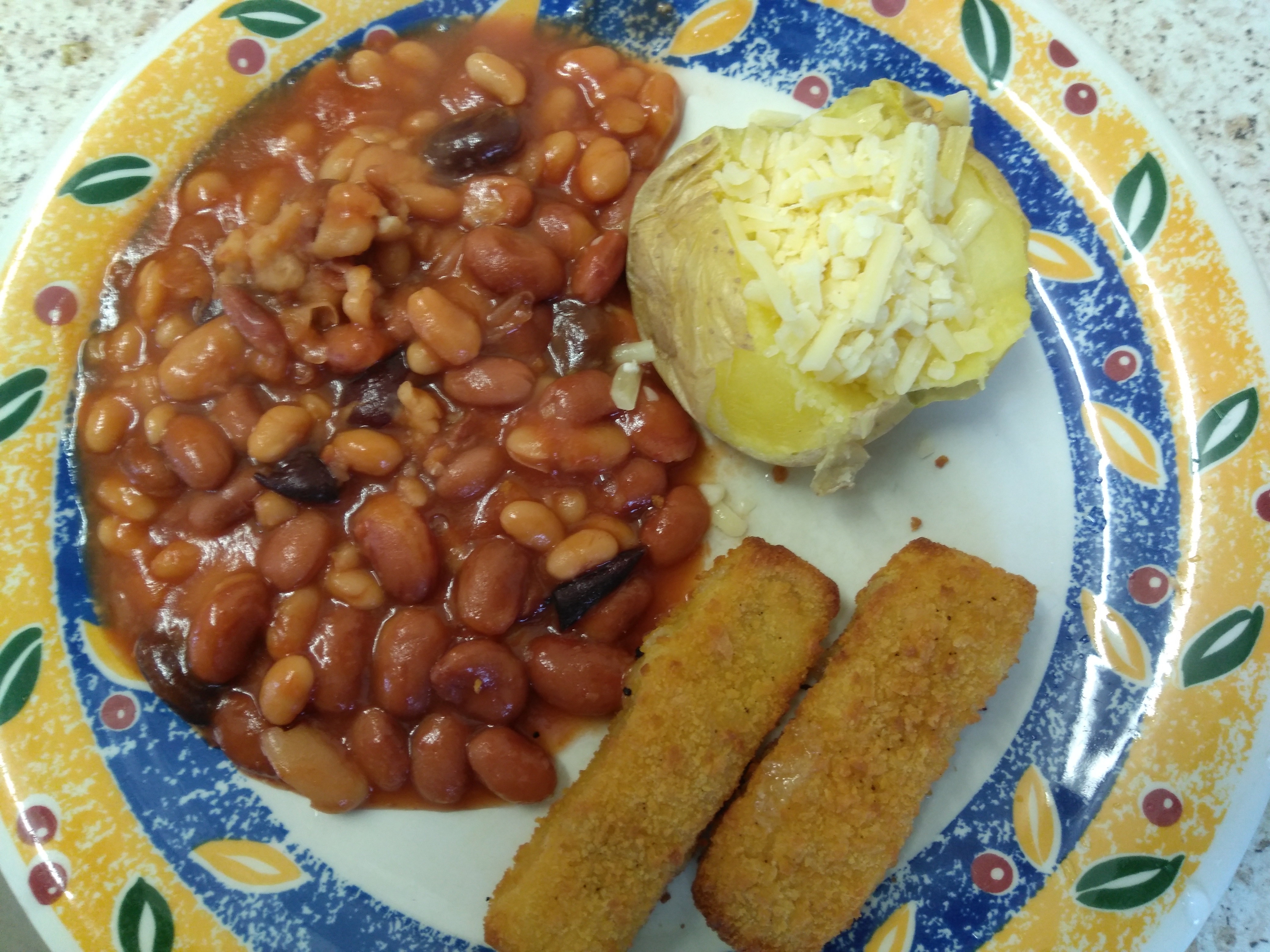 beans, bake spud and fish 