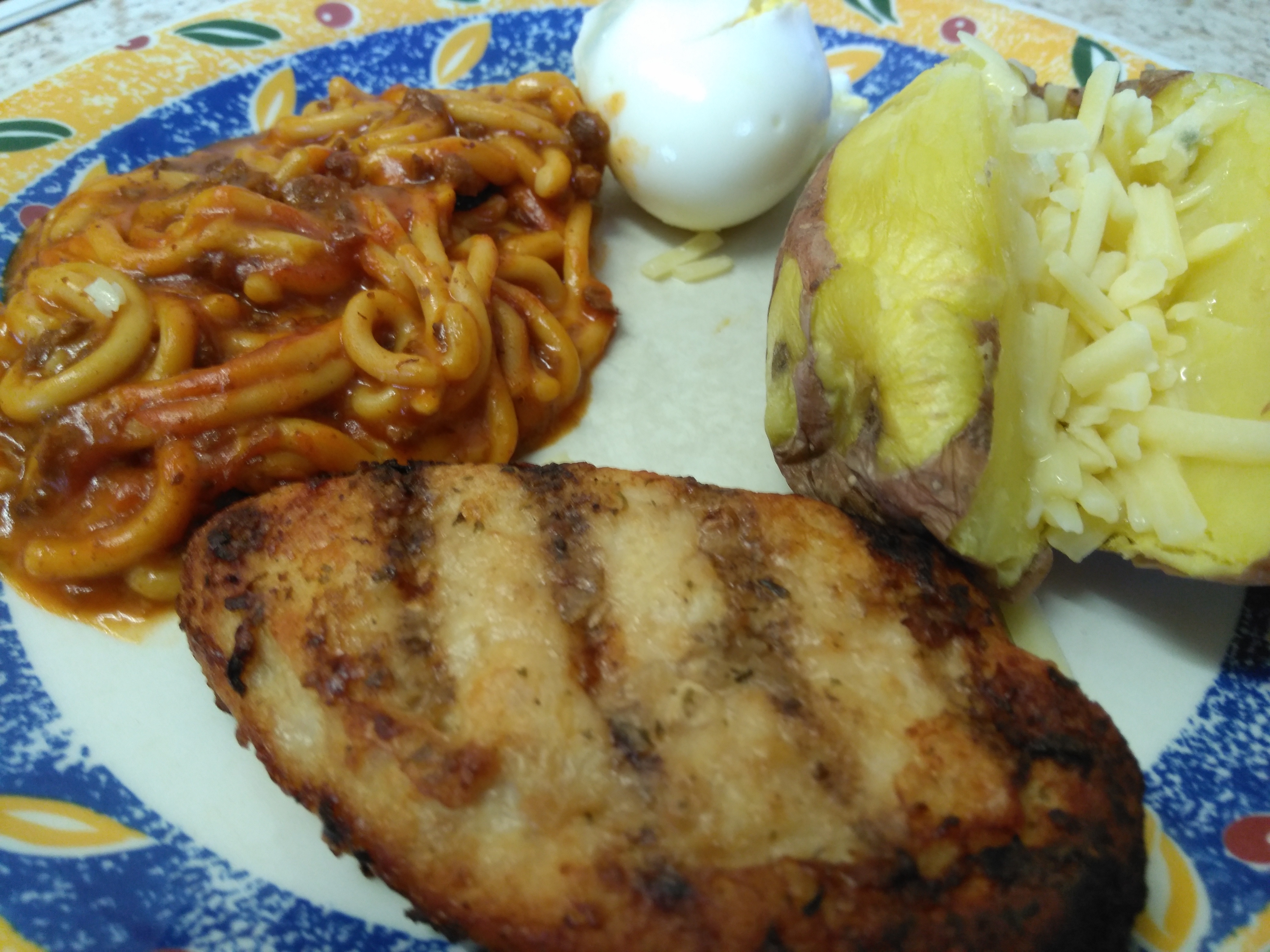 spaghetti, spud chicken and egg